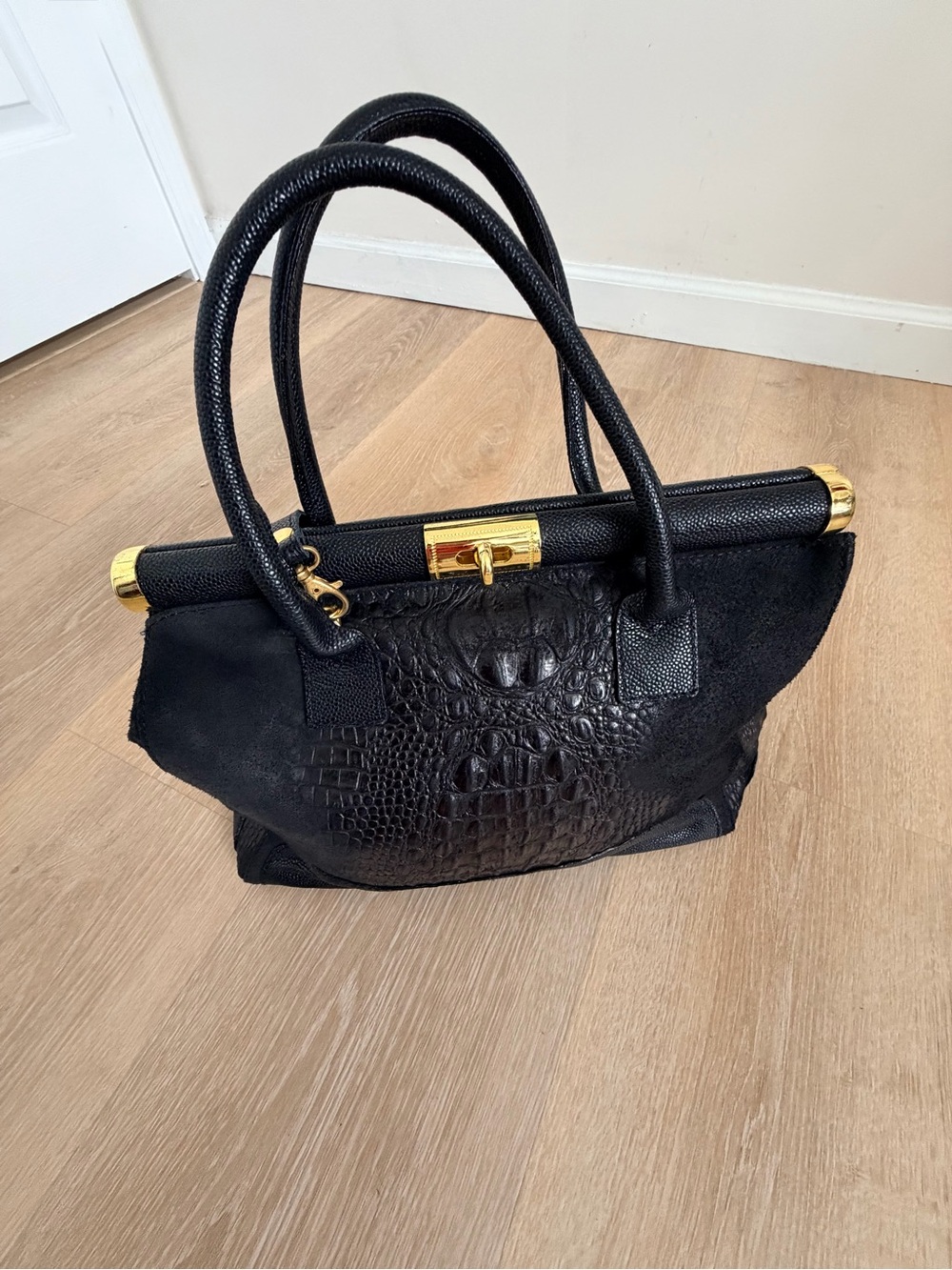 Italy Made Genuine Leather Croc Embossed Satchel Bag Suede Lock Crossbody Large - Picture 8 of 12